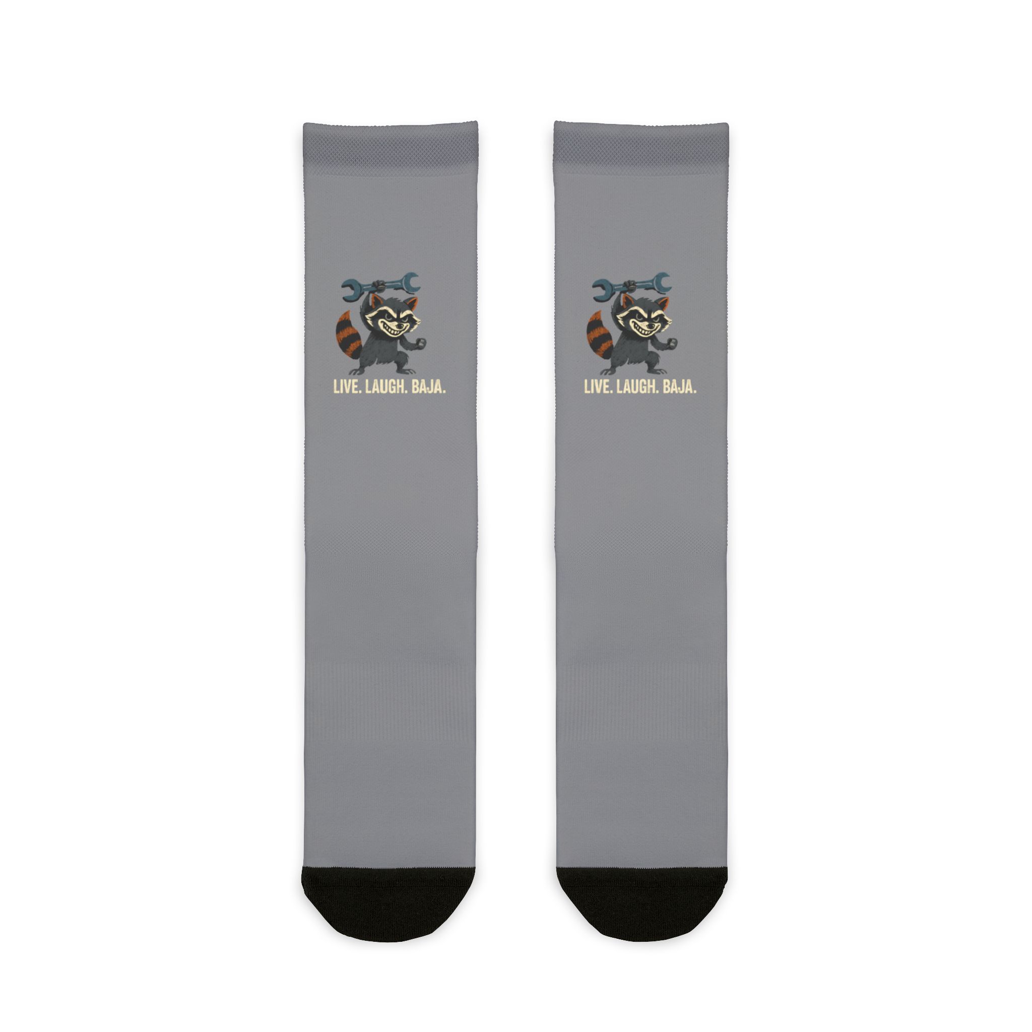 Live. Laugh. Baja. Feral Raccoon Crew Socks, Unique Gift for Raccoon Lovers, Cozy Socks for Casual Wear, Perfect for Birthdays, Holidays, Outdoor Adventures - Image 2