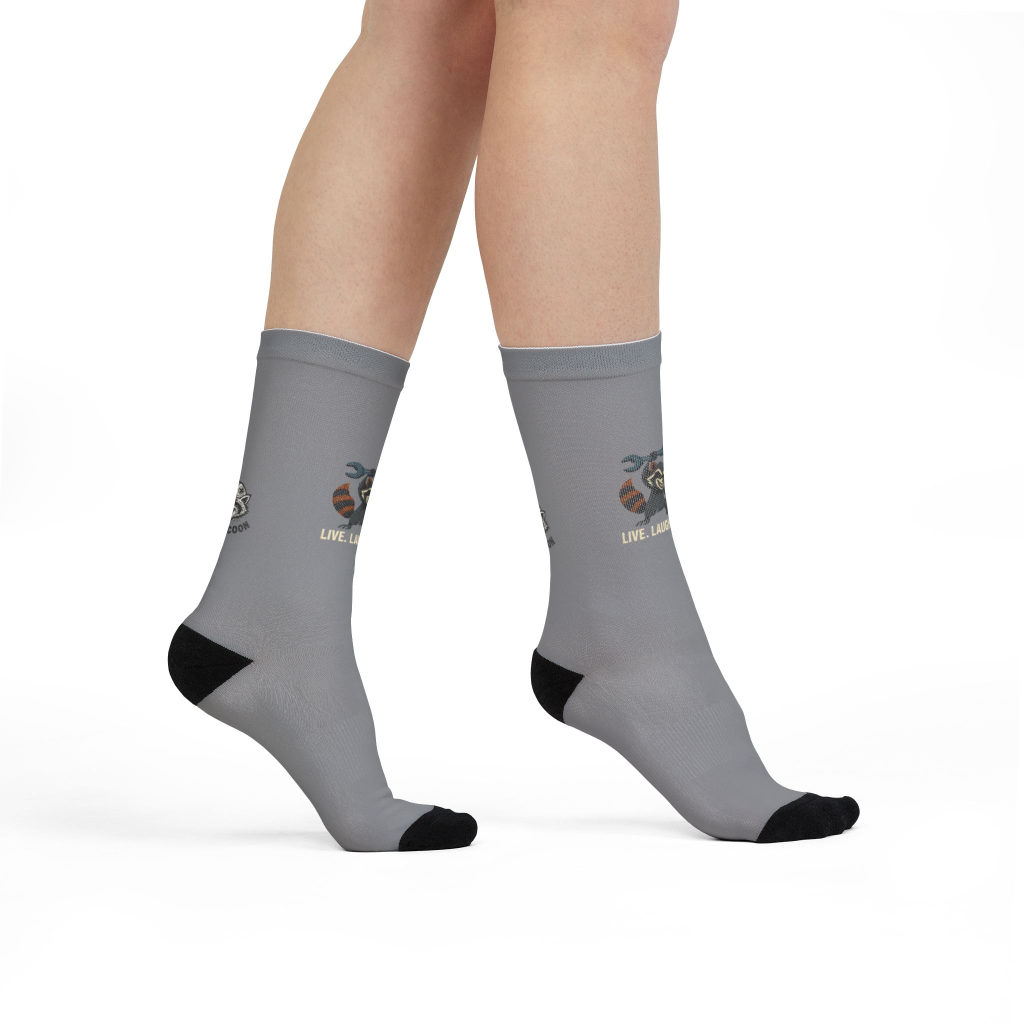 Live. Laugh. Baja. Feral Raccoon Crew Socks, Unique Gift for Raccoon Lovers, Cozy Socks for Casual Wear, Perfect for Birthdays, Holidays, Outdoor Adventures